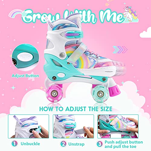 SULIFEEL Rainbow Unicorn 4 Size Adjustable Light up Roller Skates: Kids, Boys and Girls, Nighttime Fun, AdjustableFit, 4