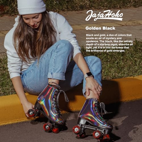 JajaHoho Black Holographic High Top Roller Skates for Women and Girls (8-50) Shiny Double-Row Four Wheels Quad Skates In