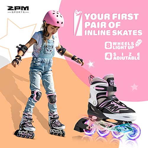 2PM SPORTS Cytia Pink Girls Adjustable Inline Skates with Light up Wheels, Fun Flashing Roller Skates for Beginners Rufe
